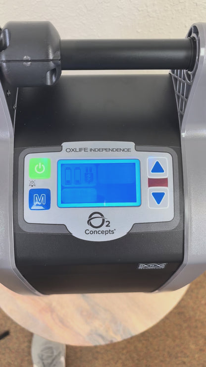 Demonstration of the adjustments on the O2 Concepts Oxlife Independence Portable Oxygen Concentrator. Mode, liter adjustment and power controls. 