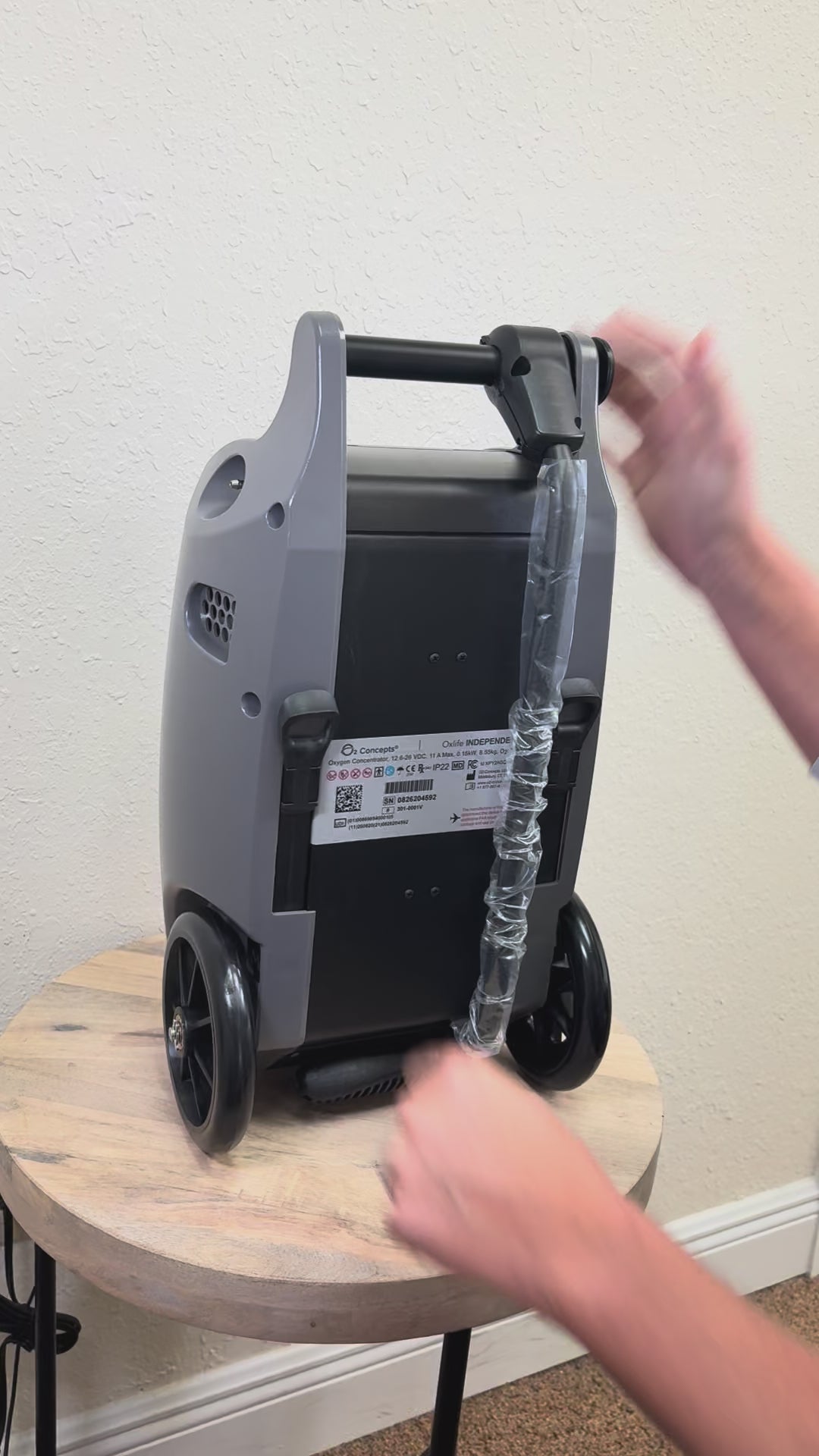 Demonstration of the battery installation on the O2 Concepts Oxlife Independence Portable Oxygen Concentrator. 