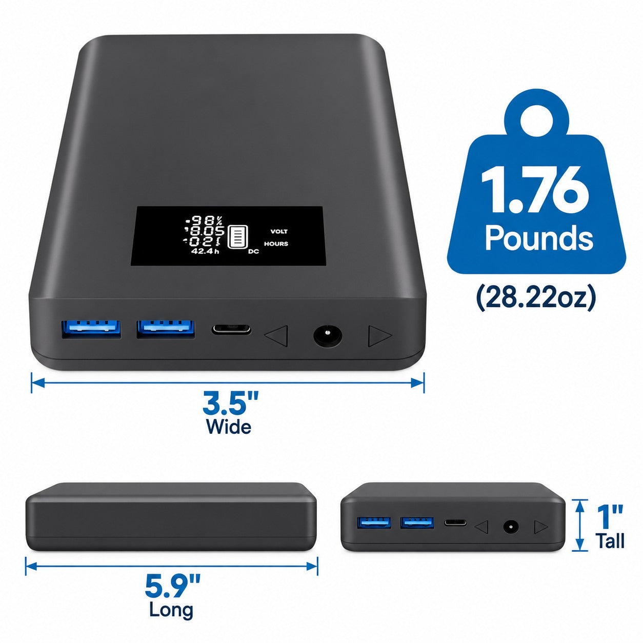 A dark gray CPAP Battery shown from multiple angles with measurement labels and a blue weight callout on a white background.