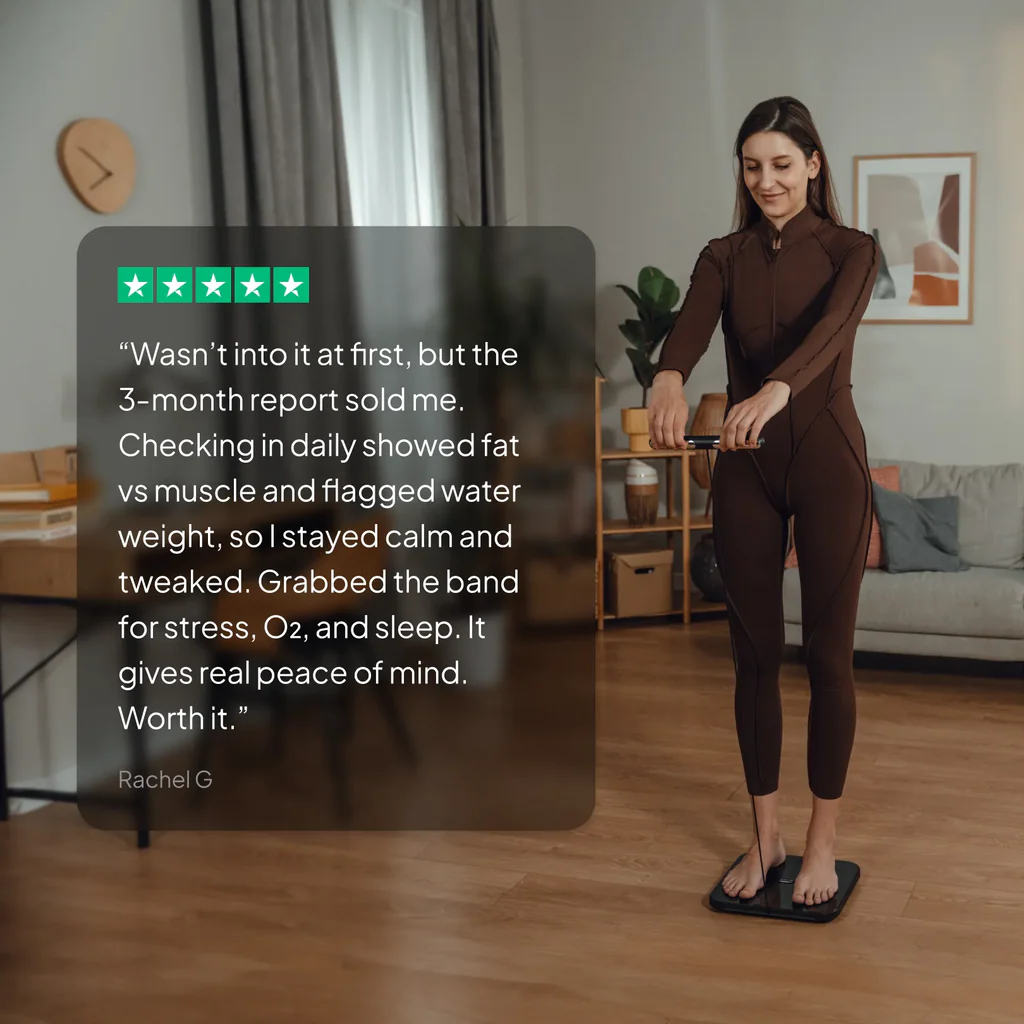 A woman in a fitted brown one-piece jumpsuit stands on a digital scale in a living room, with a large review overlay on the left showing customer feedback text and star ratings.