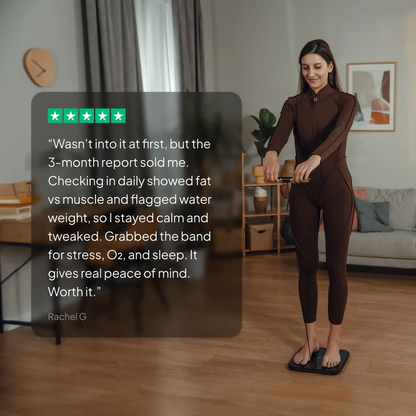 A woman in a fitted brown one-piece jumpsuit stands on a digital scale in a living room, with a large review overlay on the left showing customer feedback text and star ratings.