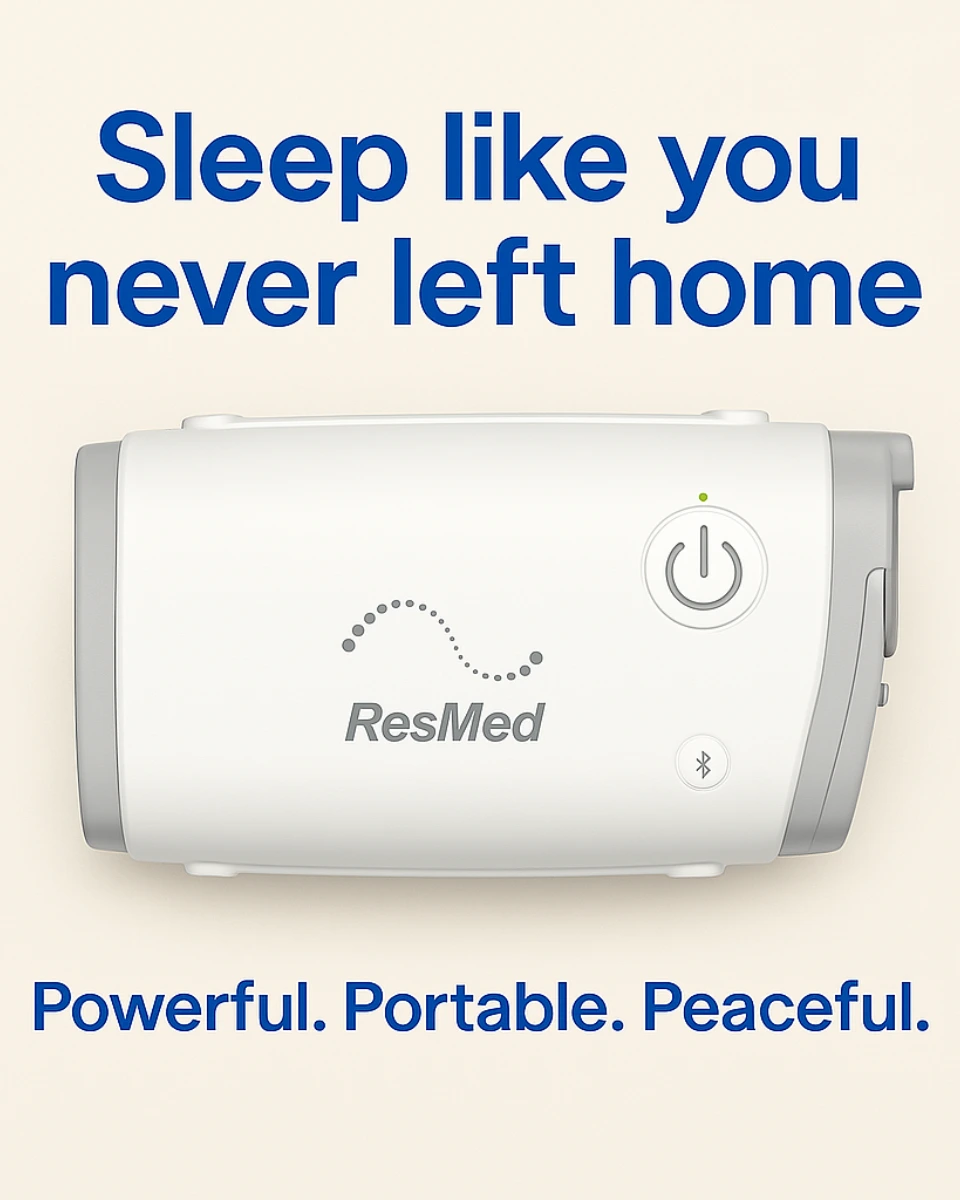 Image has the message "sleep like you never left home". Links to the product page for a used ResMed AirMini Travel CPAP for those who are on a budget or wanting a new CPAP.