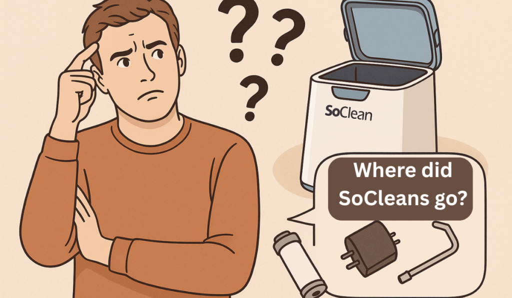 Confused man looking for discontinued SoClean filters next to a SoClean CPAP cleaner